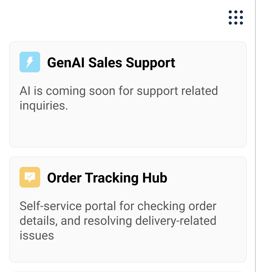 Collapsible left-rail sidebar showing self-serve resource tiles like GenAI Sales Support and Order Tracking Hub