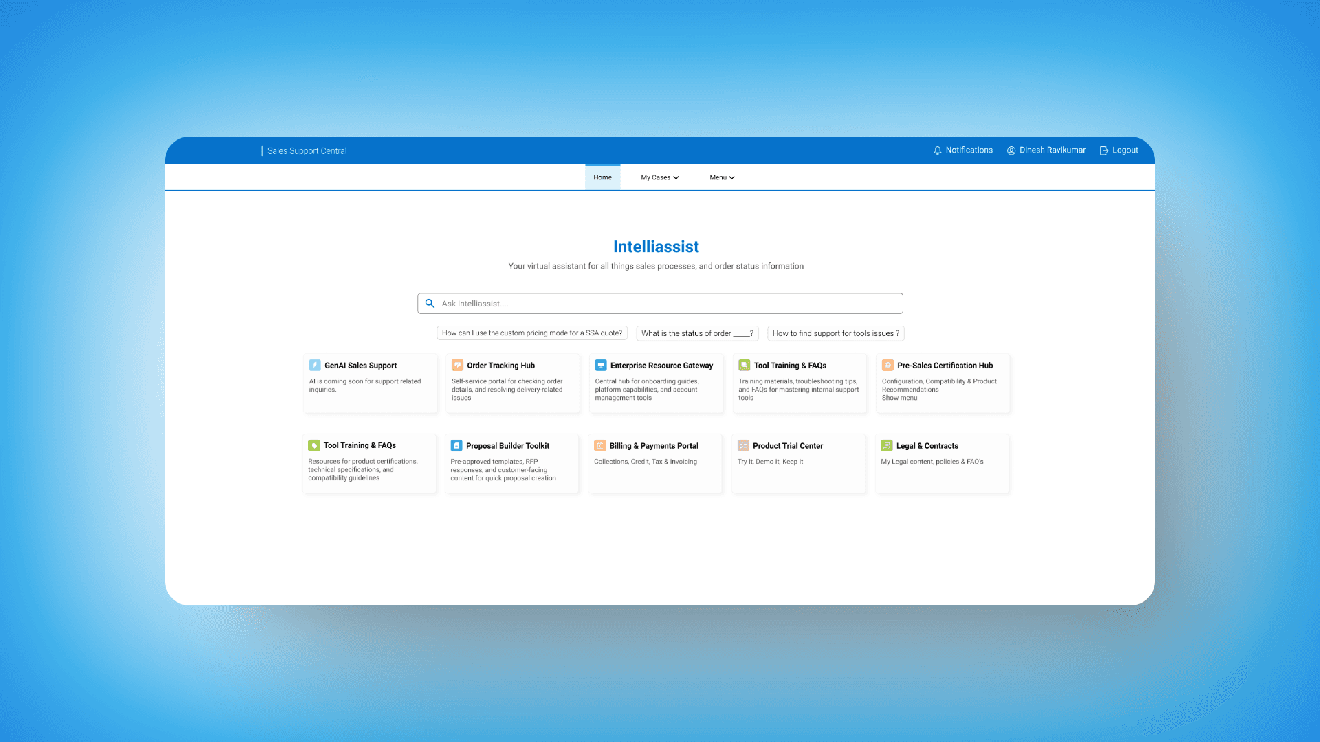 IntelliAssist 2.0 landing screen showing the AI chat, prompt suggestions, and integrated sales tiles