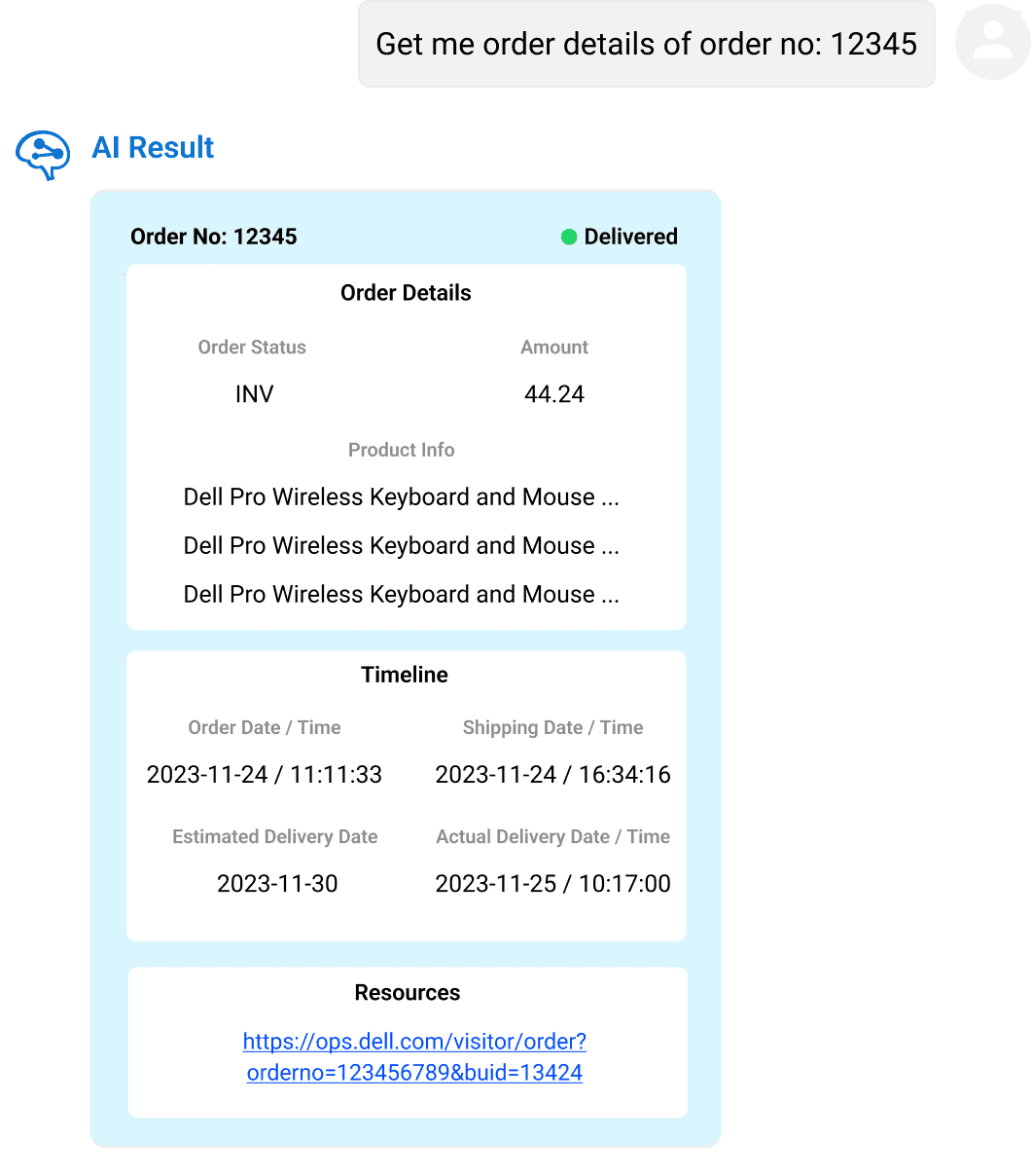 The legacy IntelliAssist AI Result panel showing an order details response with limited context and no follow-up paths