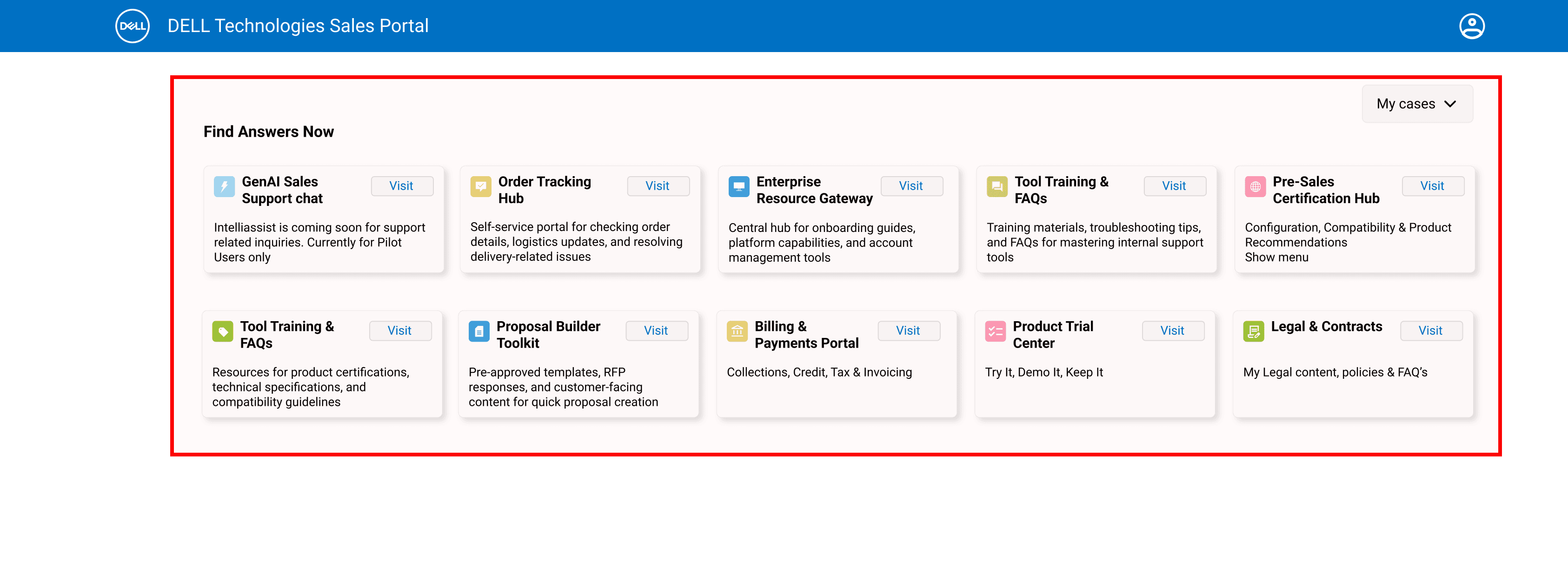 Dell Technologies Sales Portal home with a wall of self-serve tiles that users routed around in favor of bookmarks