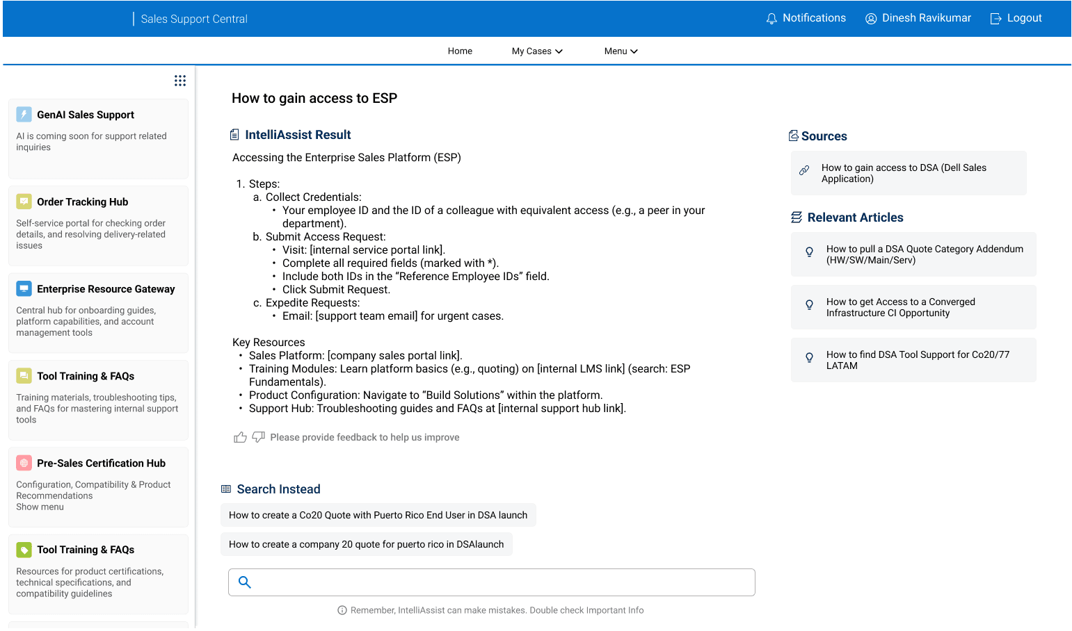 IntelliAssist 2.0 answering How to gain access to ESP with steps, key resources, sources, related articles, and a search-instead area below