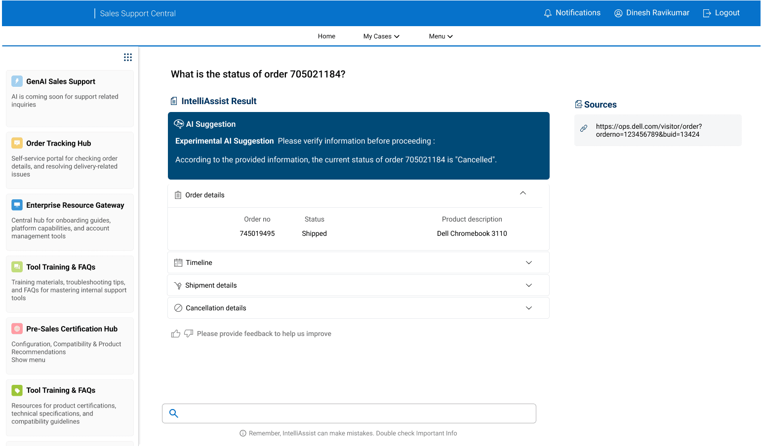 IntelliAssist 2.0 answering an order status query with an AI suggestion card, expandable order details, timeline, shipment, and cancellation accordions