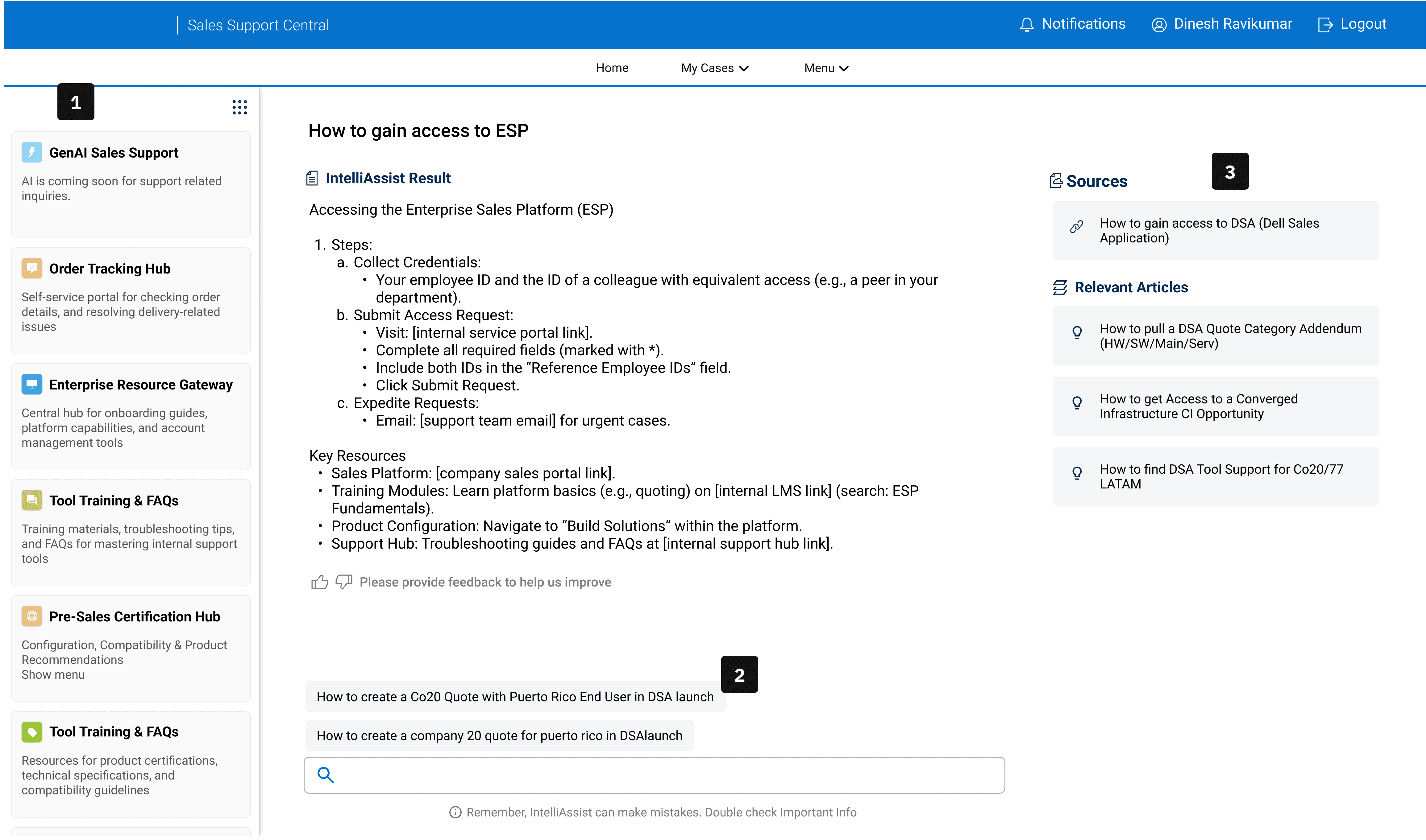 Annotated overview of an IntelliAssist 2.0 result page showing the collapsible sidebar (1), follow-up prompts (2), and sources panel (3)