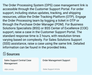IntelliAssist order details response template with status, key data, and progress indicators laid out cleanly