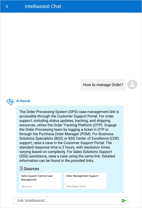 IntelliAssist response with linked source articles displayed inline below the answer