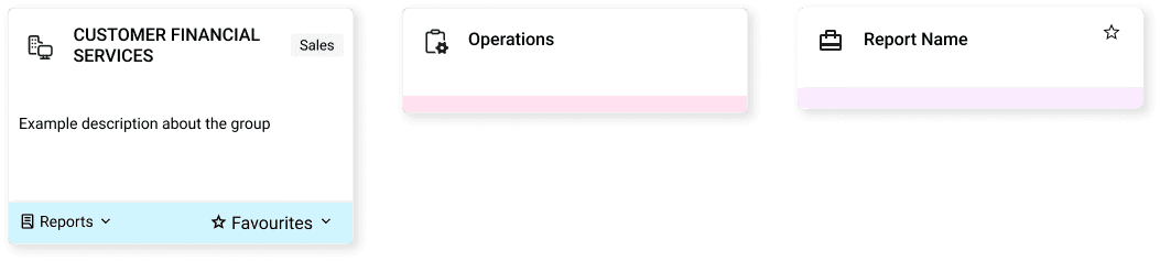 Three example tiles, Customer Financial Services, Operations, Report Name, each with a unique color accent and icon