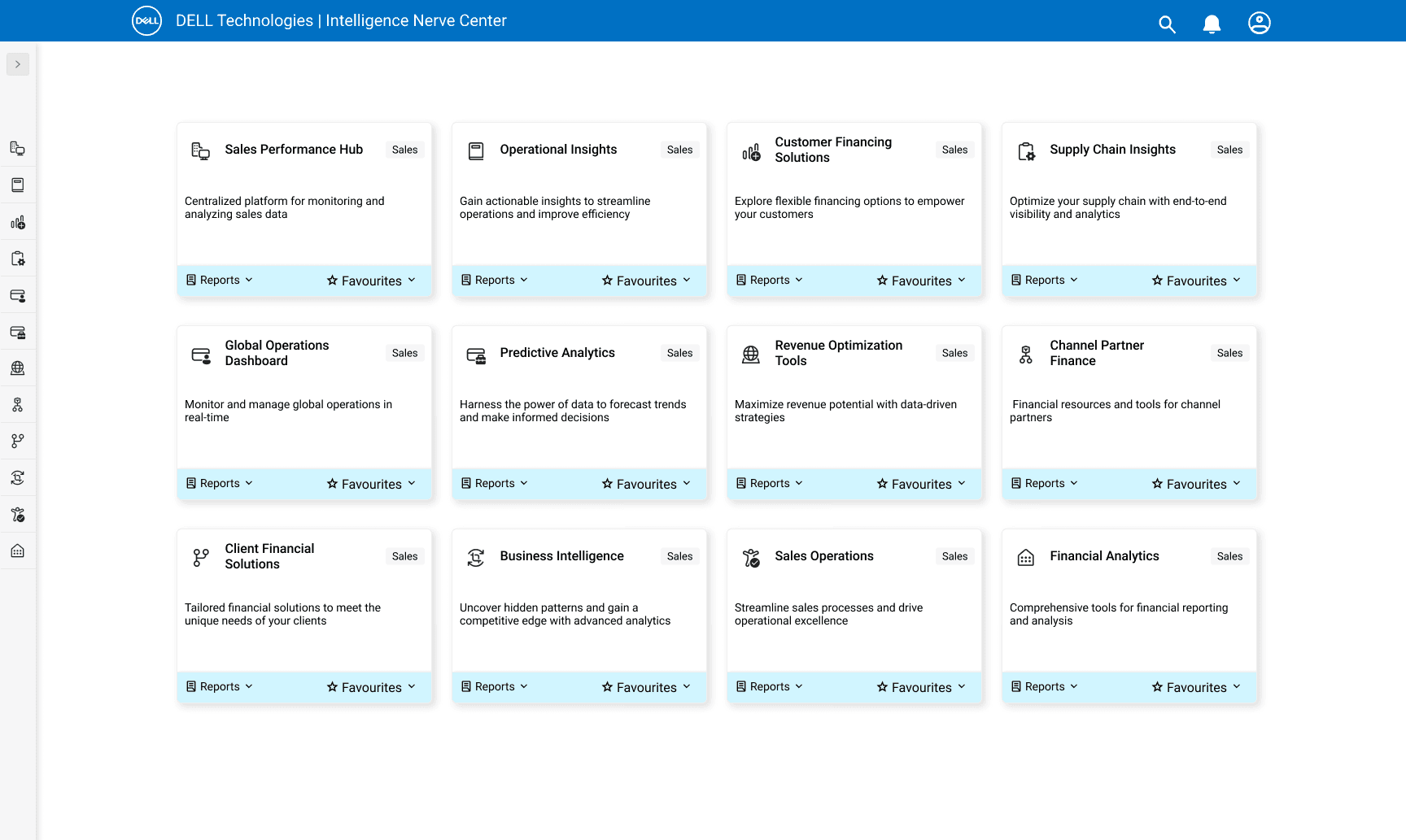 Final design, home dashboard with color-coded tiles, surfaced favorites, and side navigation