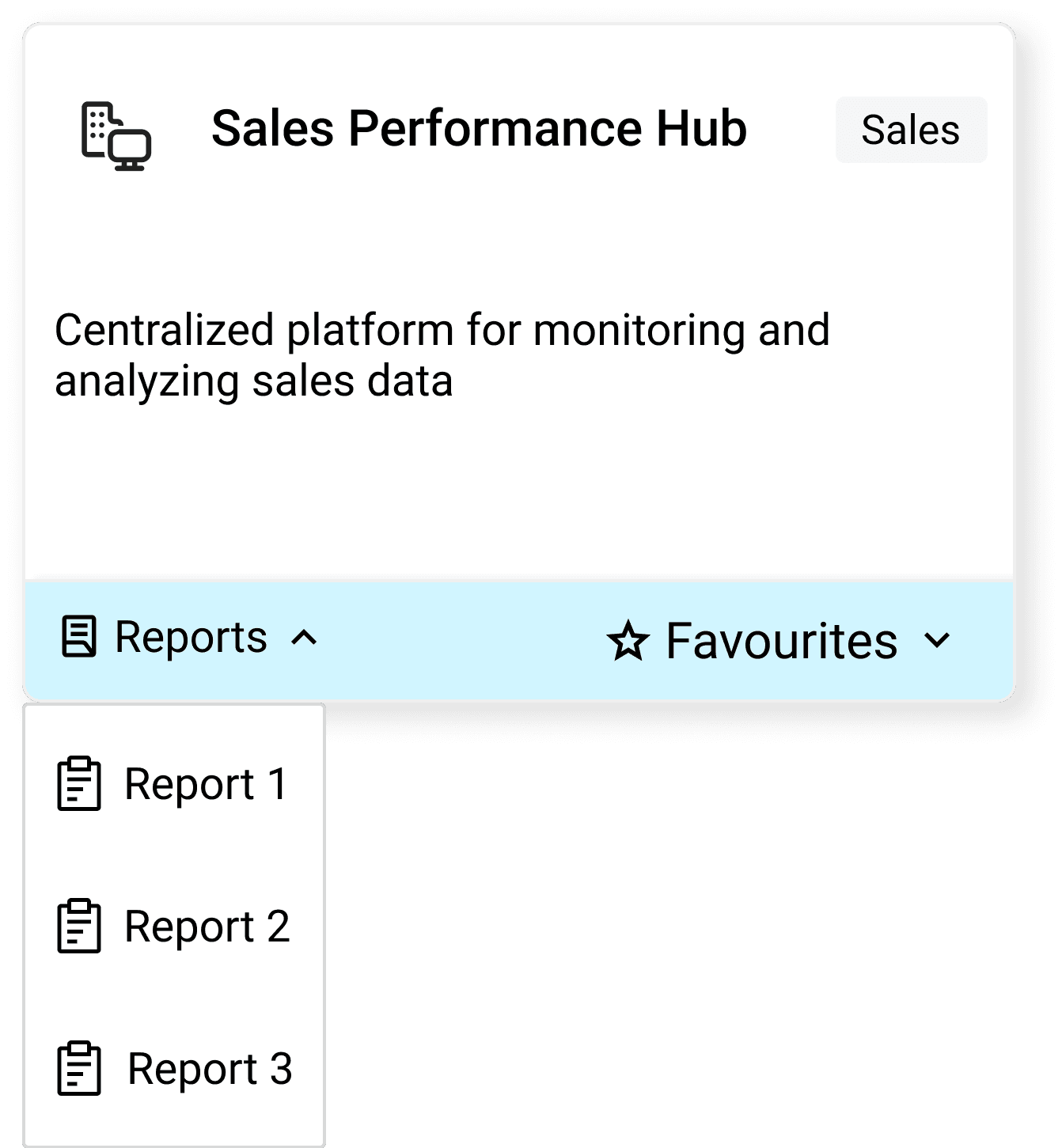 Home tile dropdown showing list of reports, Report 1, Report 2, Report 3, accessible directly from the tile