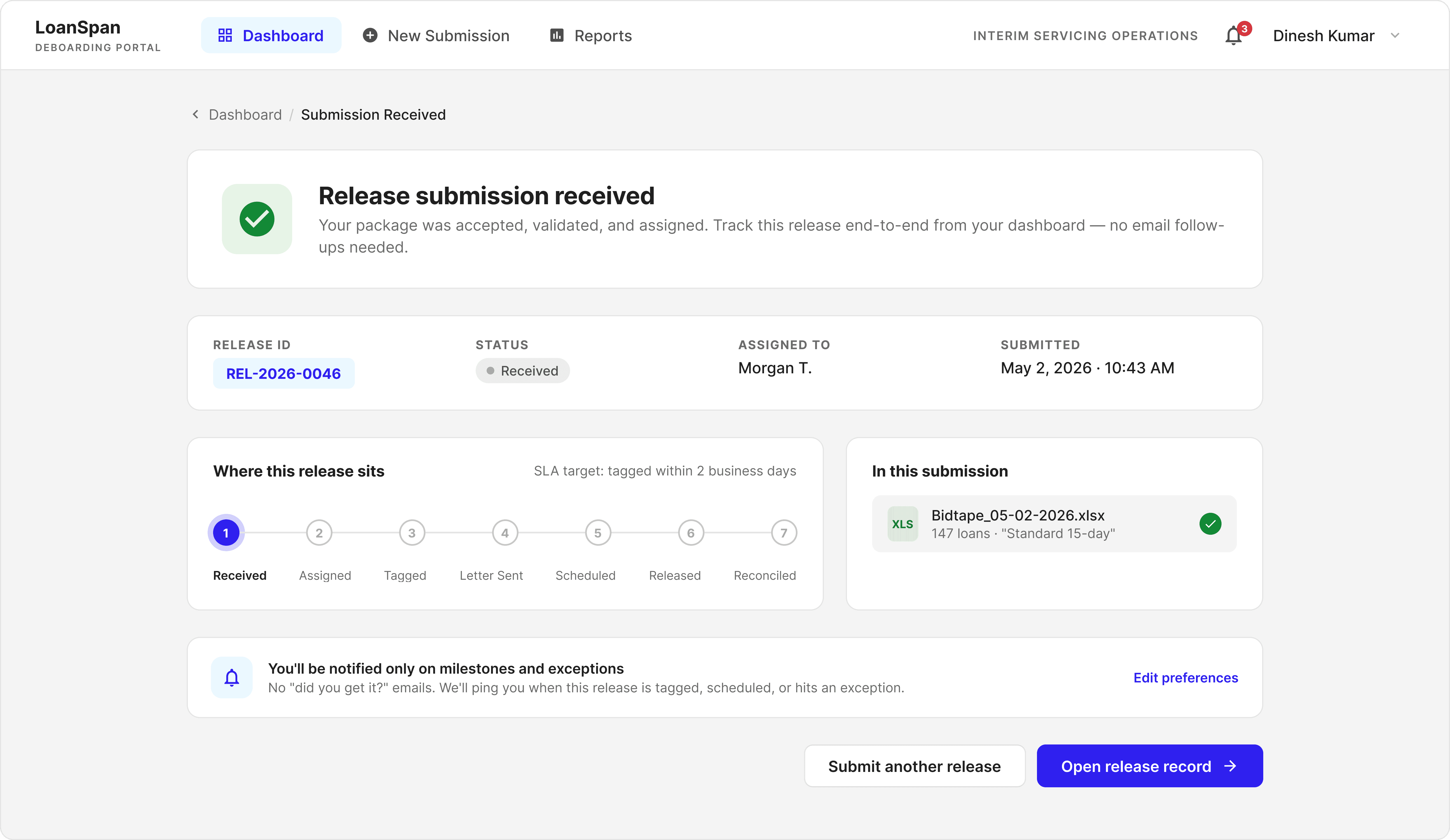 Acceptance receipt showing a new release record with release ID, status, assigned to, submitted timestamp, milestone tracker, and the attached release file