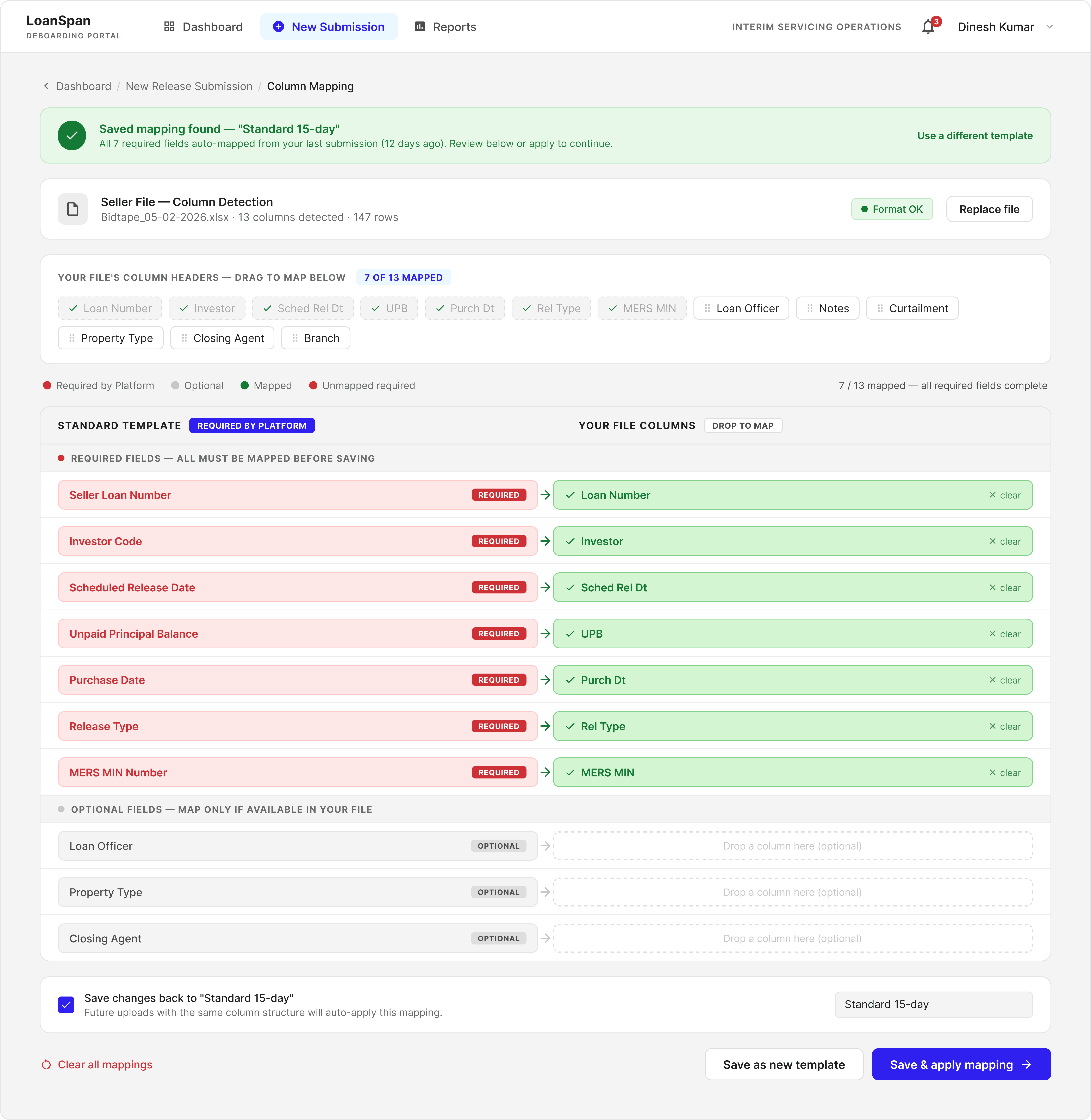 Bulk upload validation second view, showing the mapping step after a clean file is accepted and ready for submission
