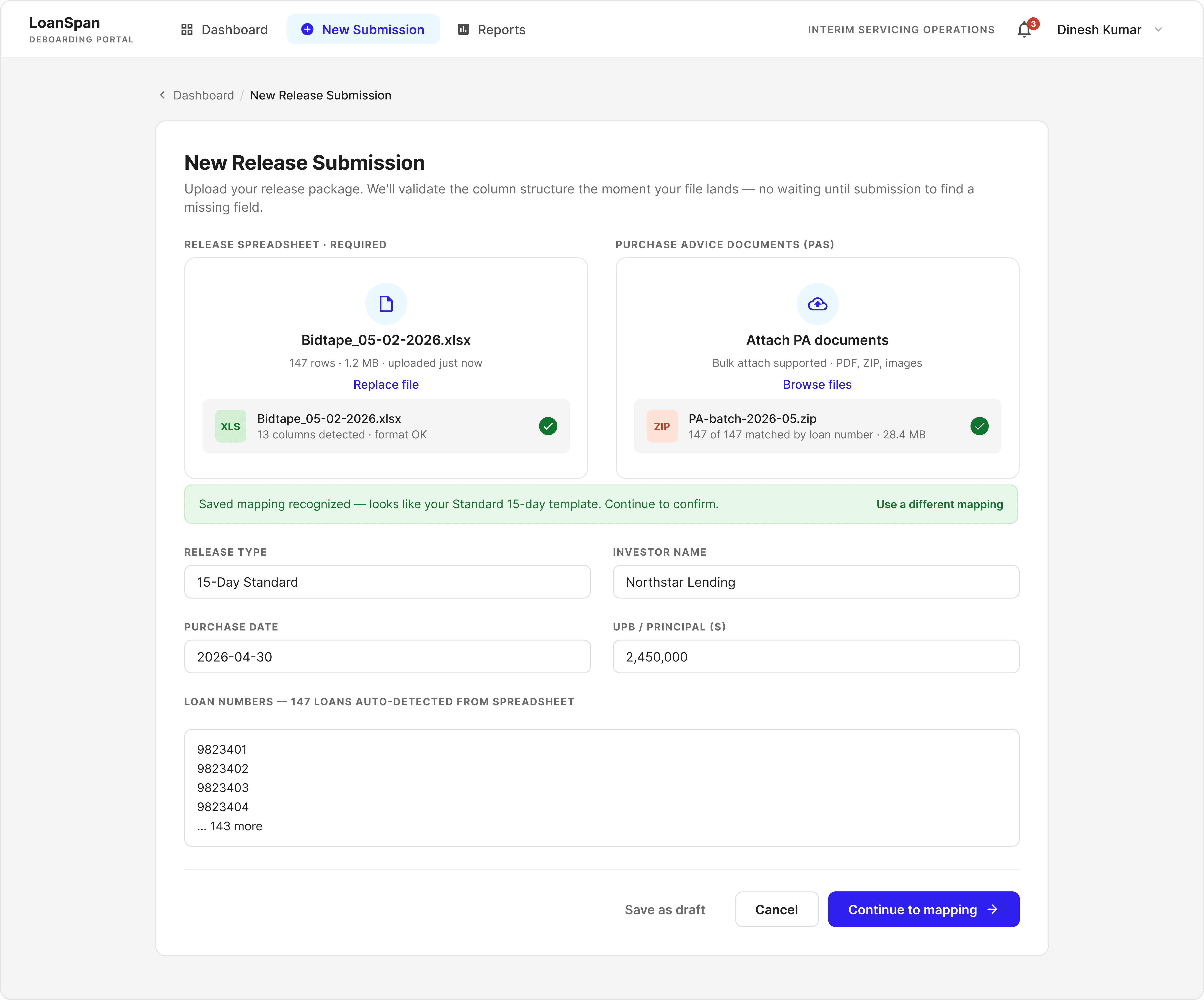 Bulk upload screen with field-level validation, showing the release package upload with inline error messages on invalid rows