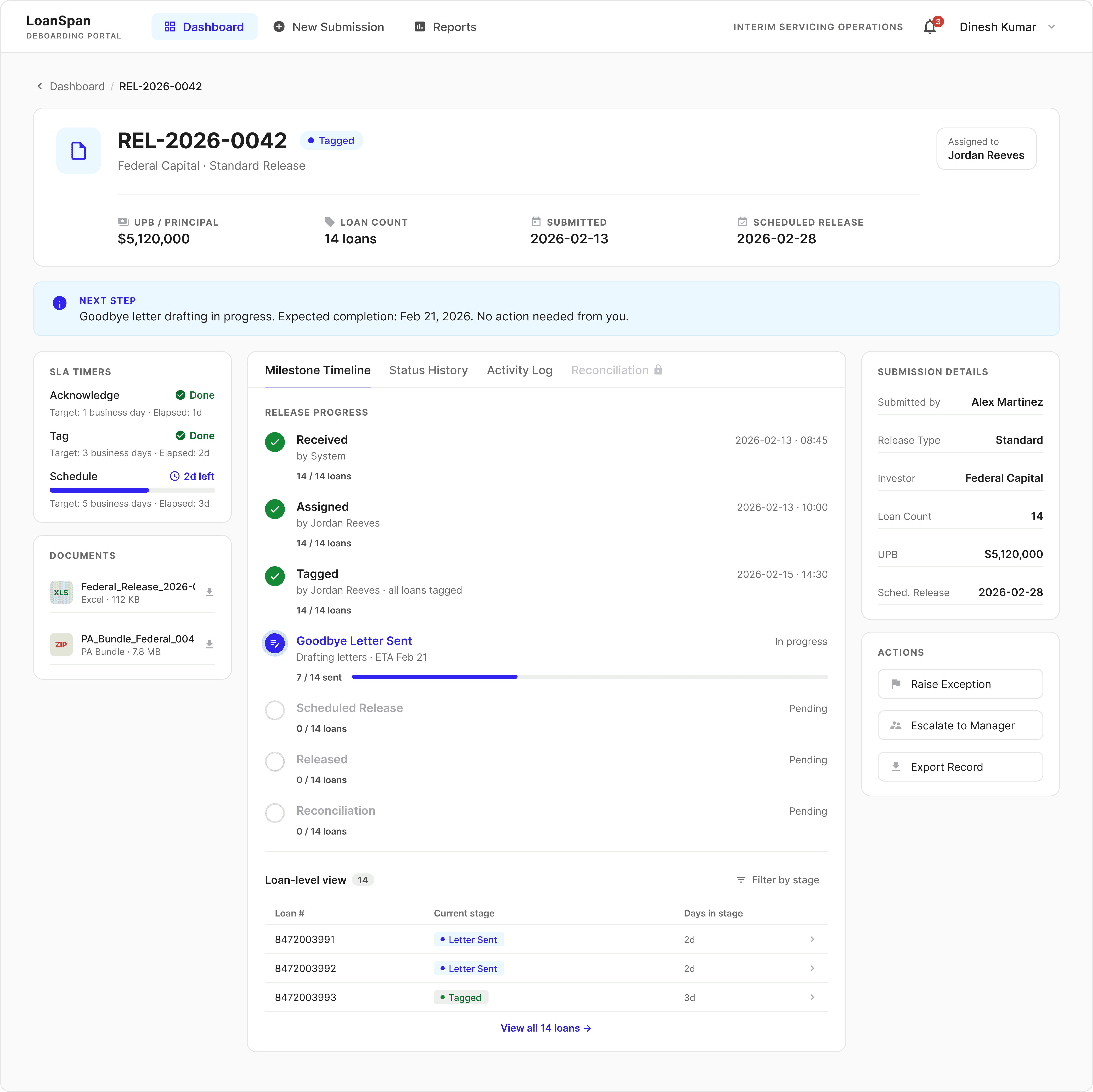 Release record detail view showing a milestone timeline with Received, Assigned, Tagged, Goodbye Letter Sent, Scheduled Release, and Reconciliation states, plus a loan-level view at the bottom
