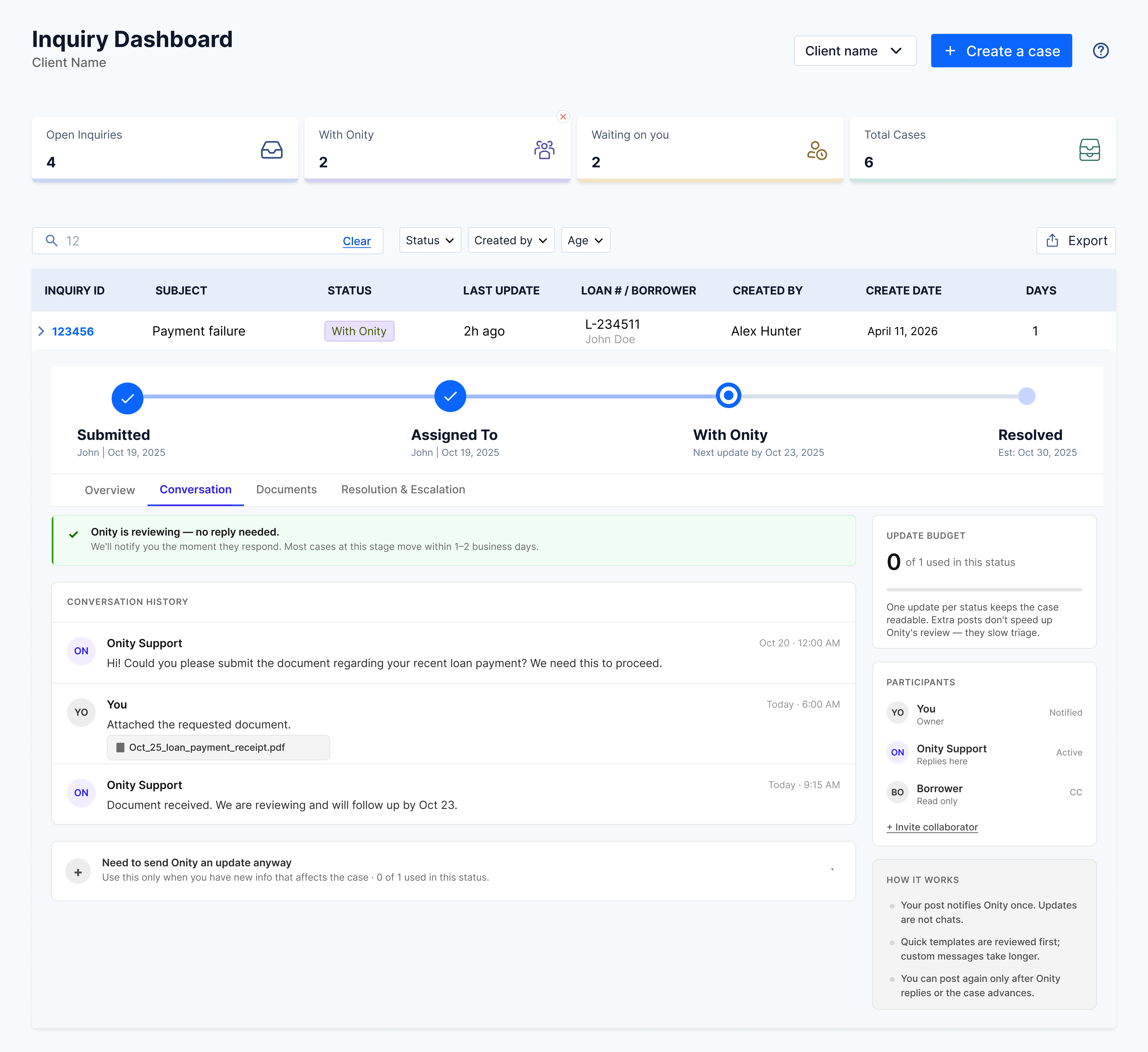 Inquiry Dashboard with case 123456 expanded to the Conversation tab, showing the Onity is reviewing banner, the conversation history with Onity Support and the user, an attached PDF, the Update Budget side card and Participants list