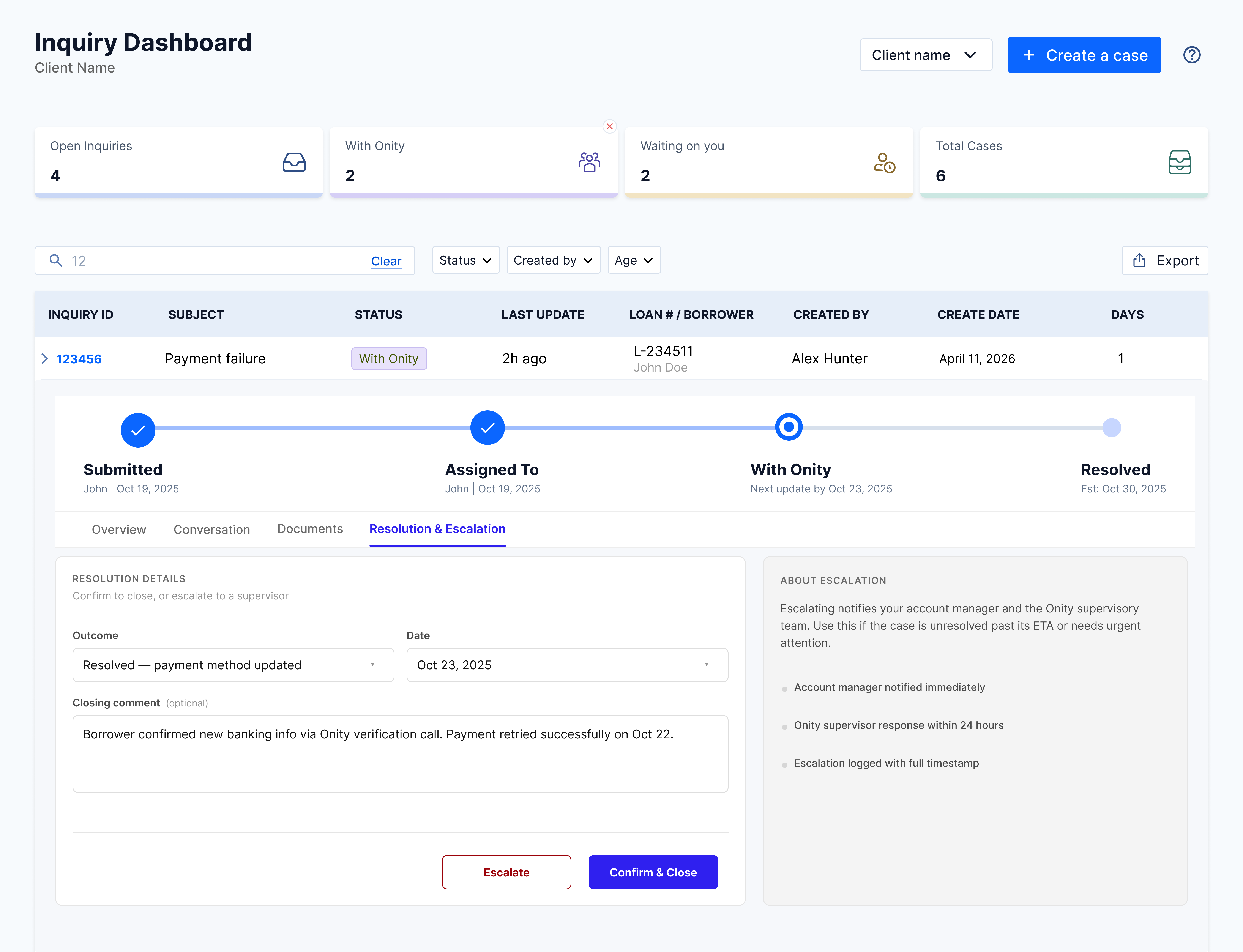 Inquiry Dashboard with case 123456 expanded to the Documents tab, listing three PDF files (Oct_25_loan_payment_receipt, Nov_1_utility_bill_statement, Nov_5_credit_card_statement) each with Preview and Download actions