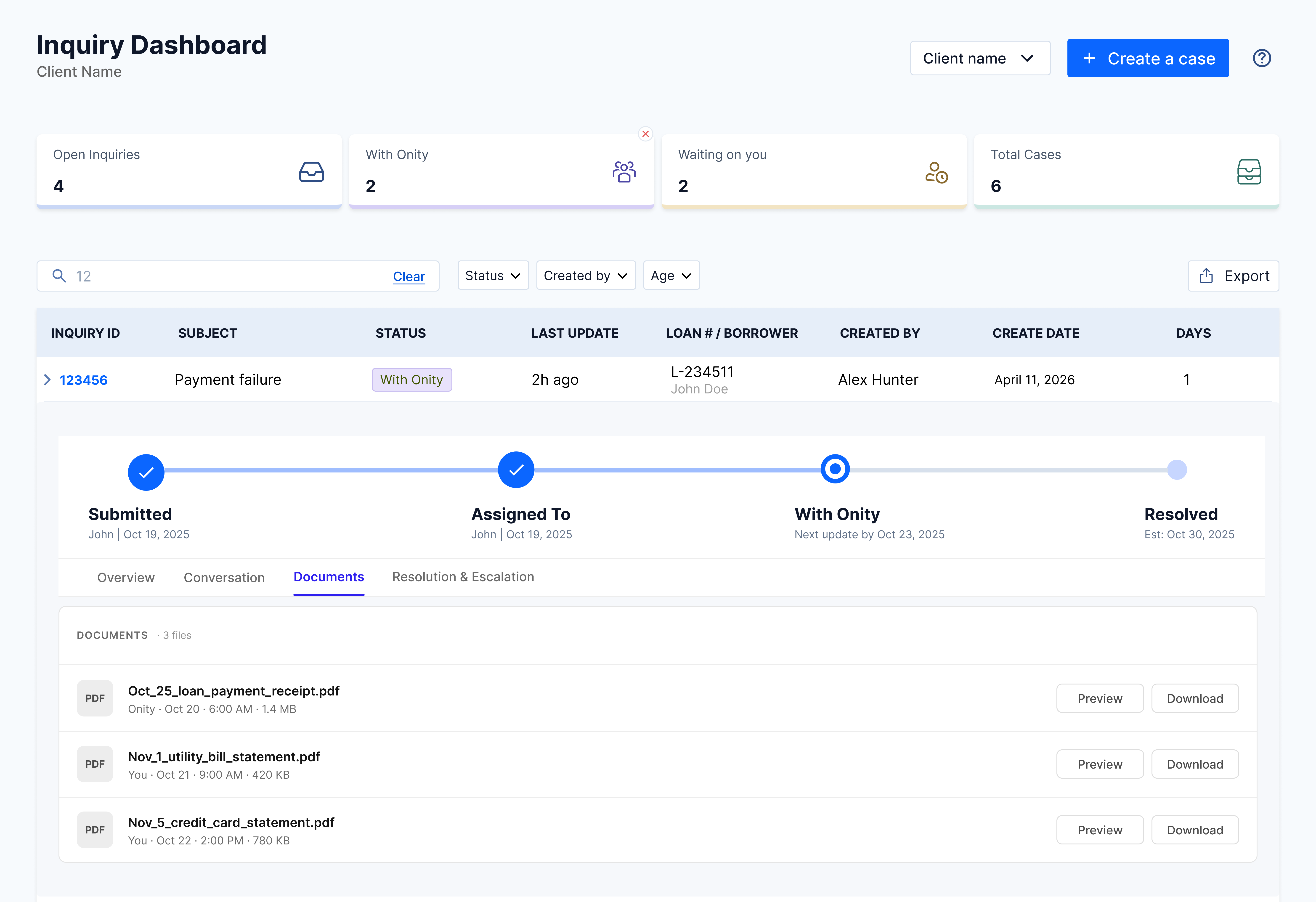 Inquiry Dashboard with case 123456 expanded to the Resolution and Escalation tab, showing Resolution Details with an Outcome dropdown, Date, Closing comment, plus Escalate and Confirm and Close buttons next to an About Escalation help panel