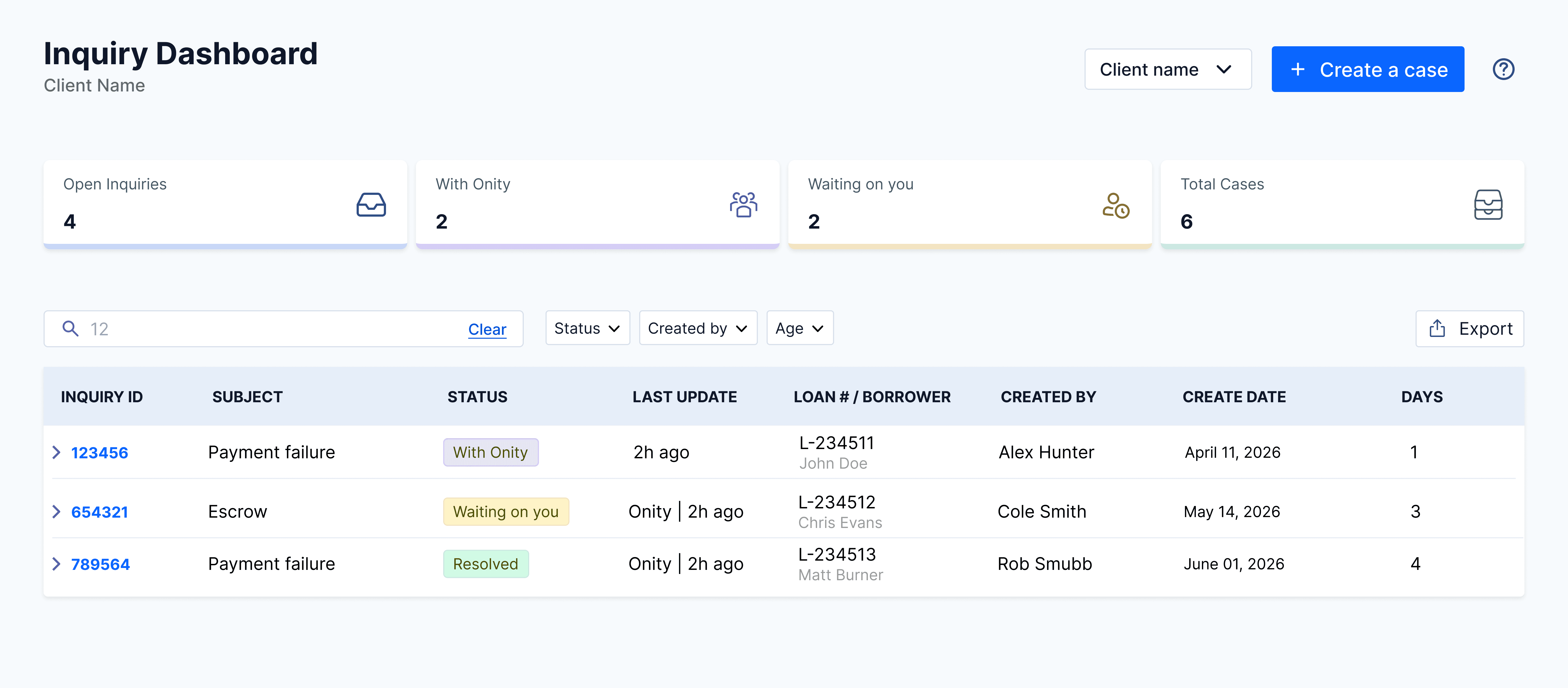 Real-Time Inquiry Portal dashboard, a central hub showing every loan inquiry in one organized, live view