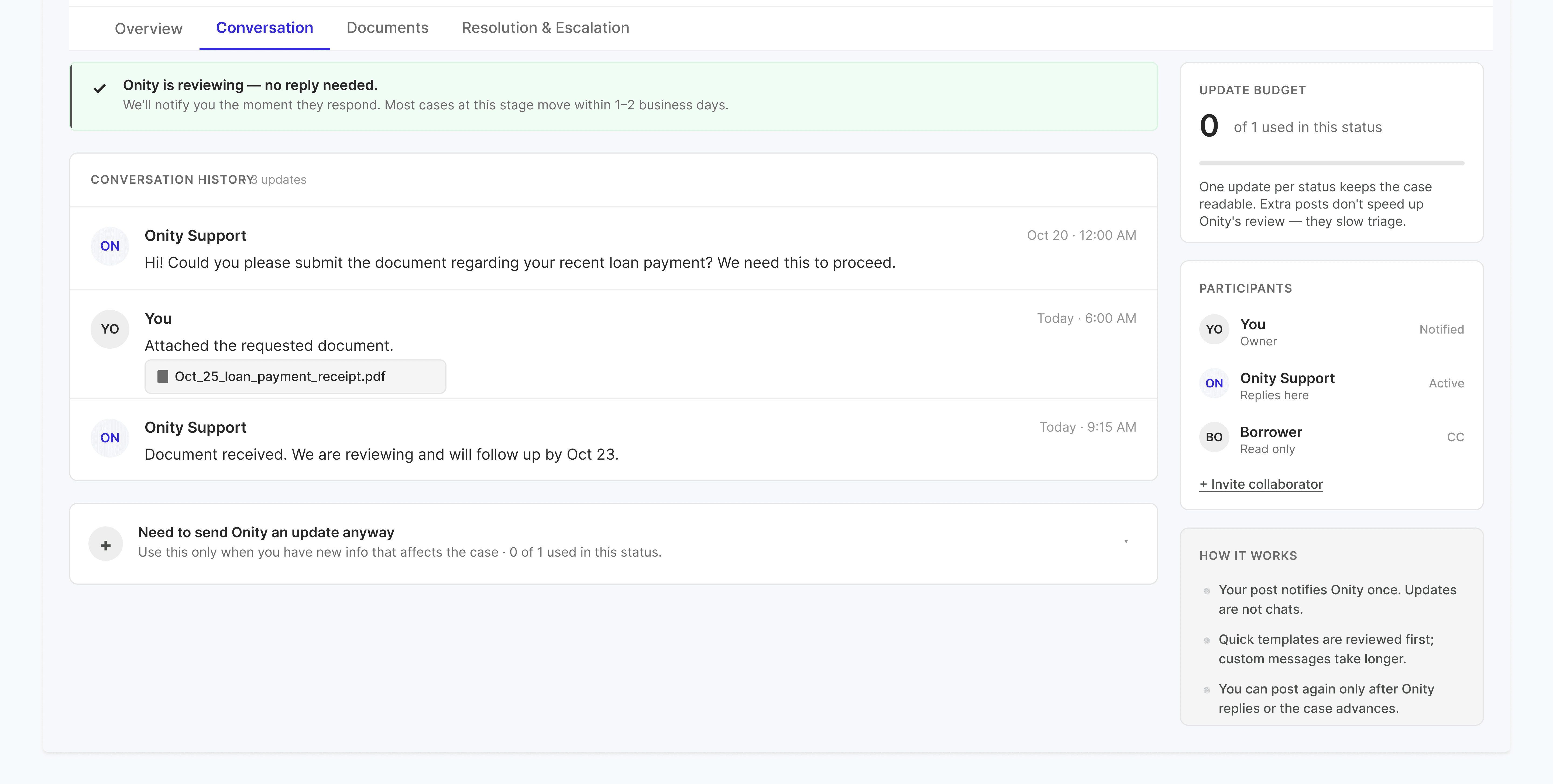 Unified messaging panel showing the conversation history with Onity Support and the user, with an attached payment receipt PDF, the participants list, and a how-it-works helper card